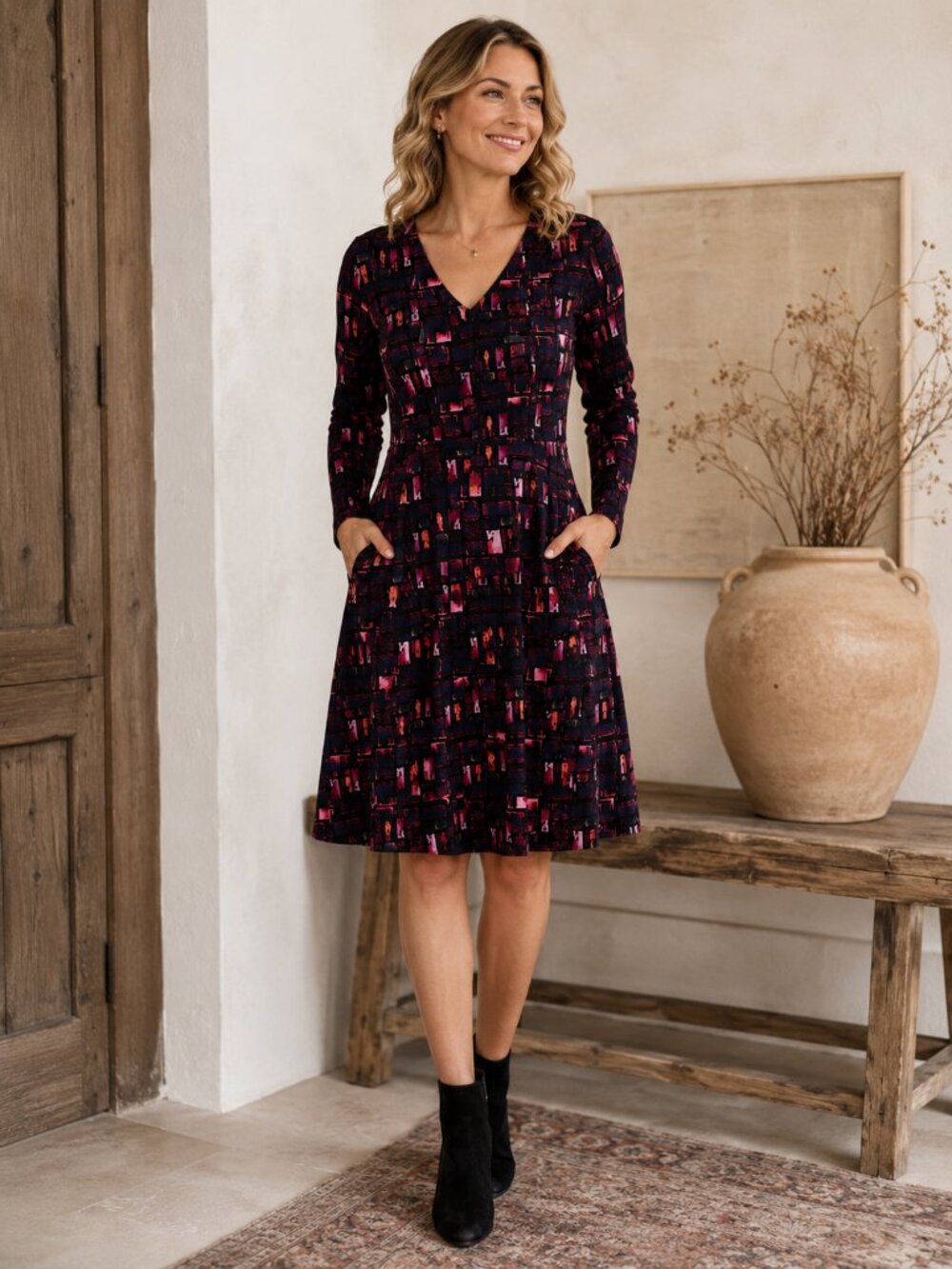 New Blue Sky Clothing Wilma Dress S Print V Neck Pockets Travel Cottage Autumn